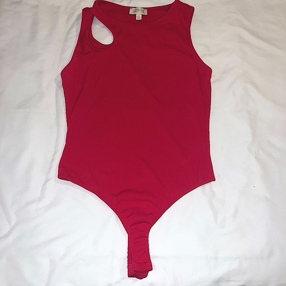 London Rose Pink Asymmetrical Ribbed Body Suit With Cut Out Shoulder